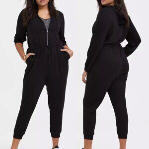 TORRID 1 Plus Size Black Terry Zip Front Hooded Jumpsuit Long Sleeve Cropped 1X